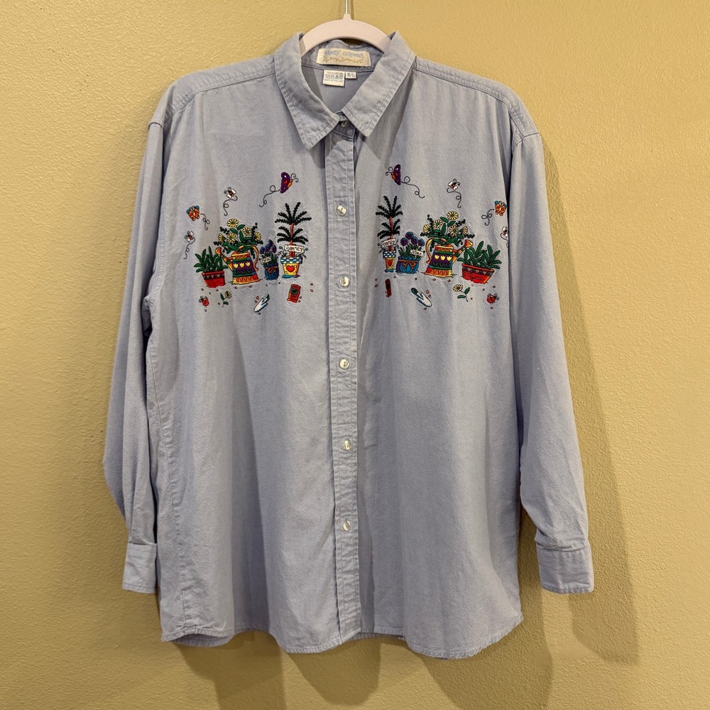 Casey Coleman Vintage Blue Cotton Embroidered Garden Shirt Womens Plant LadyM/L - Picture 2 of 13